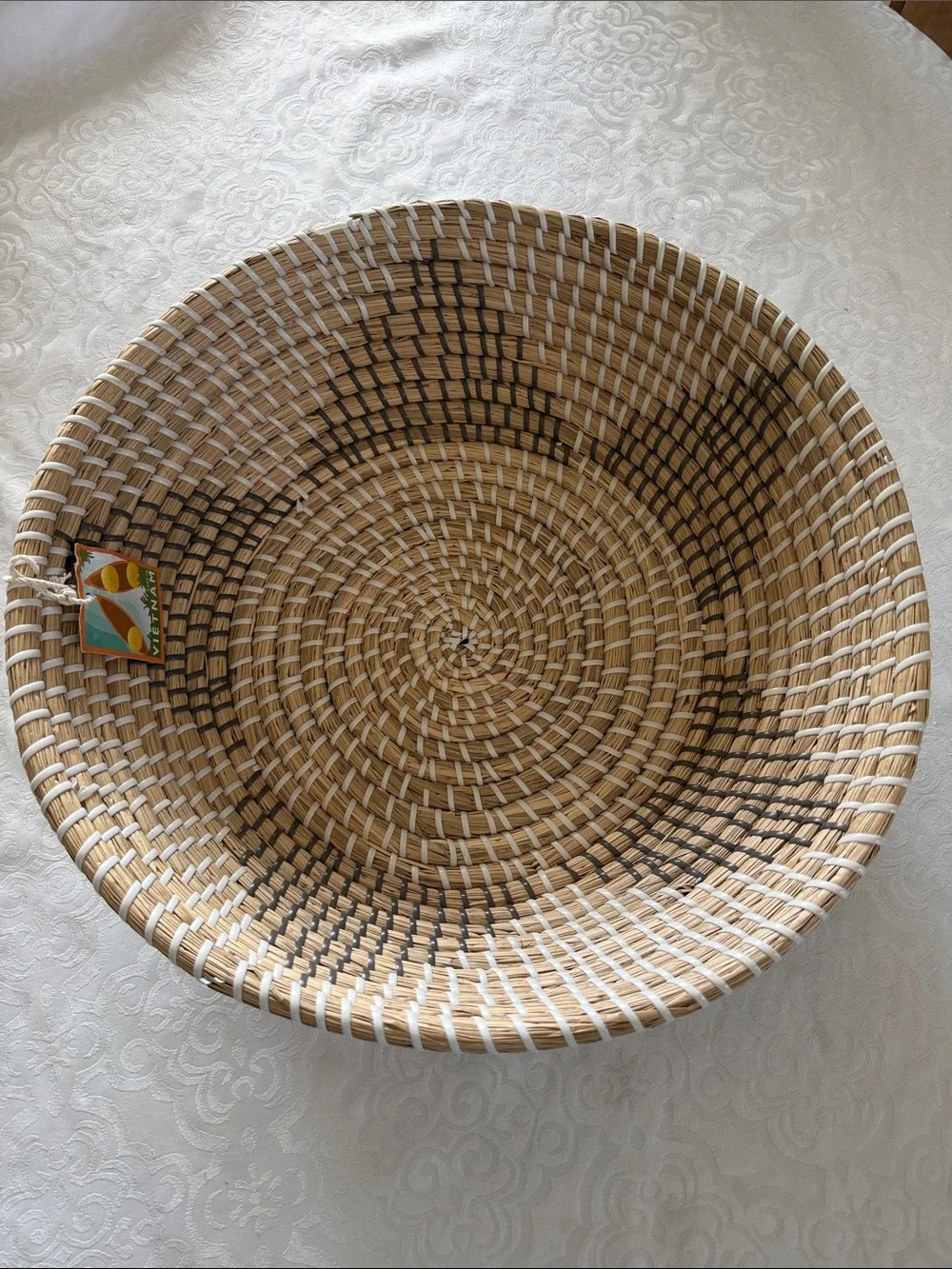 Natural Woven Basket Bowl - Tan, white & gray